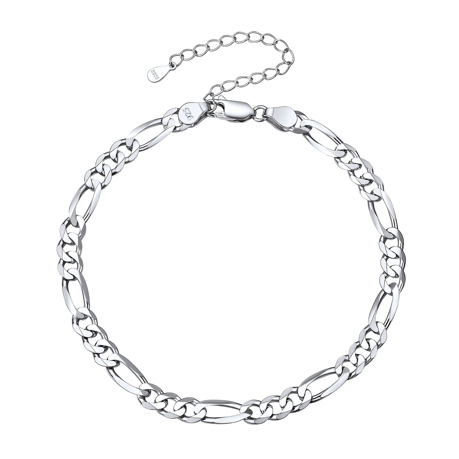 ChicSilver 5mm Wide Figaro Chain Anklet for Women 925 Sterling Silver Foot Chain Ankle Bracelet