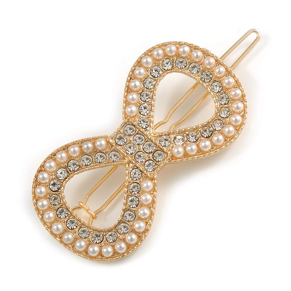 Gold Tone Clear Crystal Cream Faux Pearl Bow Hair Slide/Grip - 60mm Across