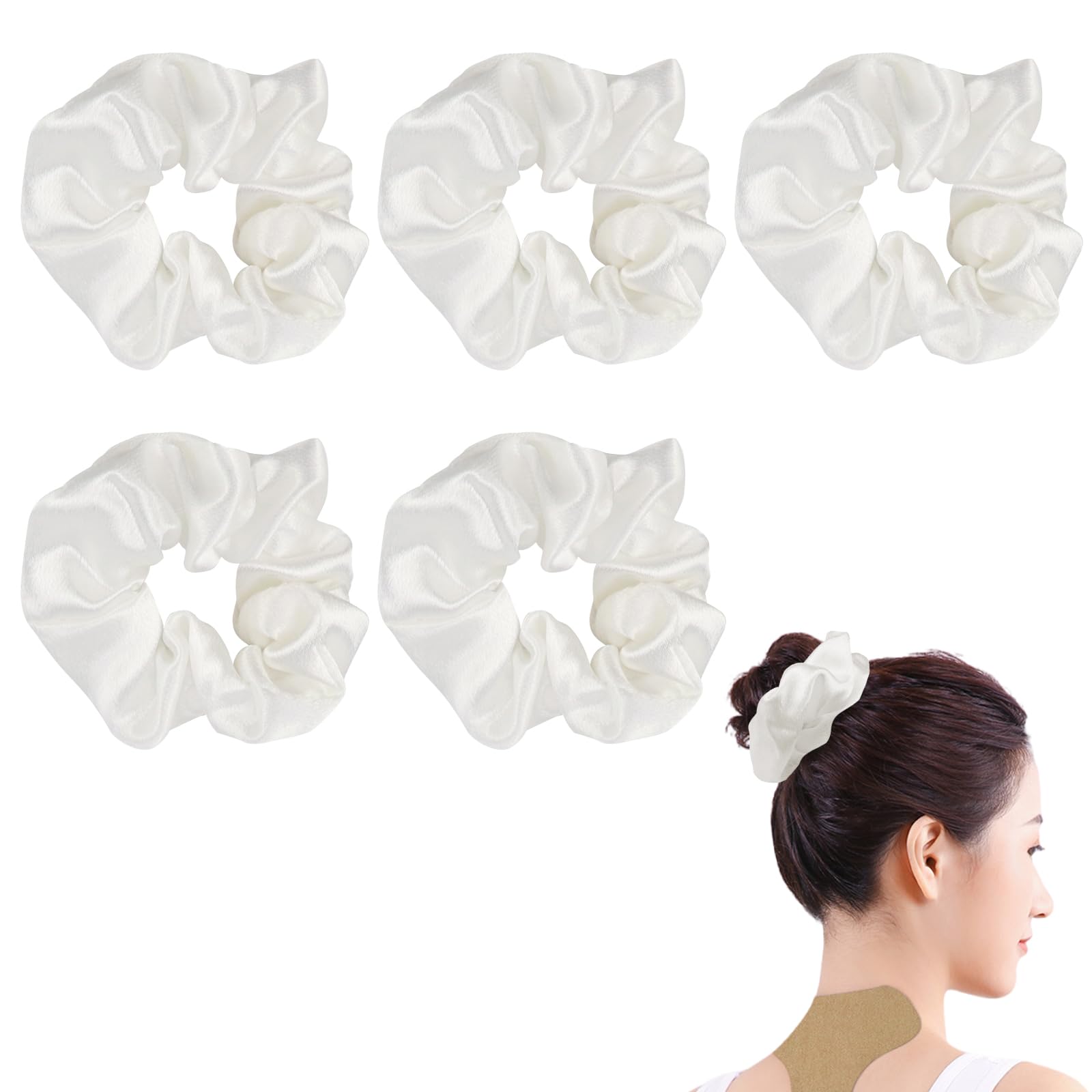 FERCAISH Pack of 5 Satin Hair Bobbles, Scrunchies Silk, Large Velvet Hair Bobbles, Elastic Hair Bands, Thick Hair Scrunchies for Women and Girls (White)