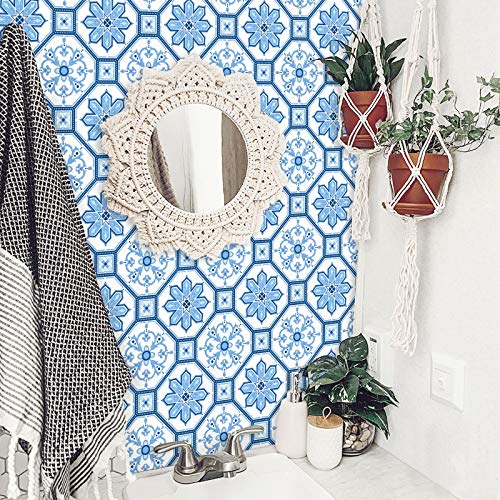 Blue and White Tile Contact Paper Self Adhesive 17.7”x118” Navy Flower Peel and Stick Wallpaper Removable Waterproof Paper for Kitchen Backsplash Bathroom Wall Shelf Drawer Liner Decor Vinyl Roll