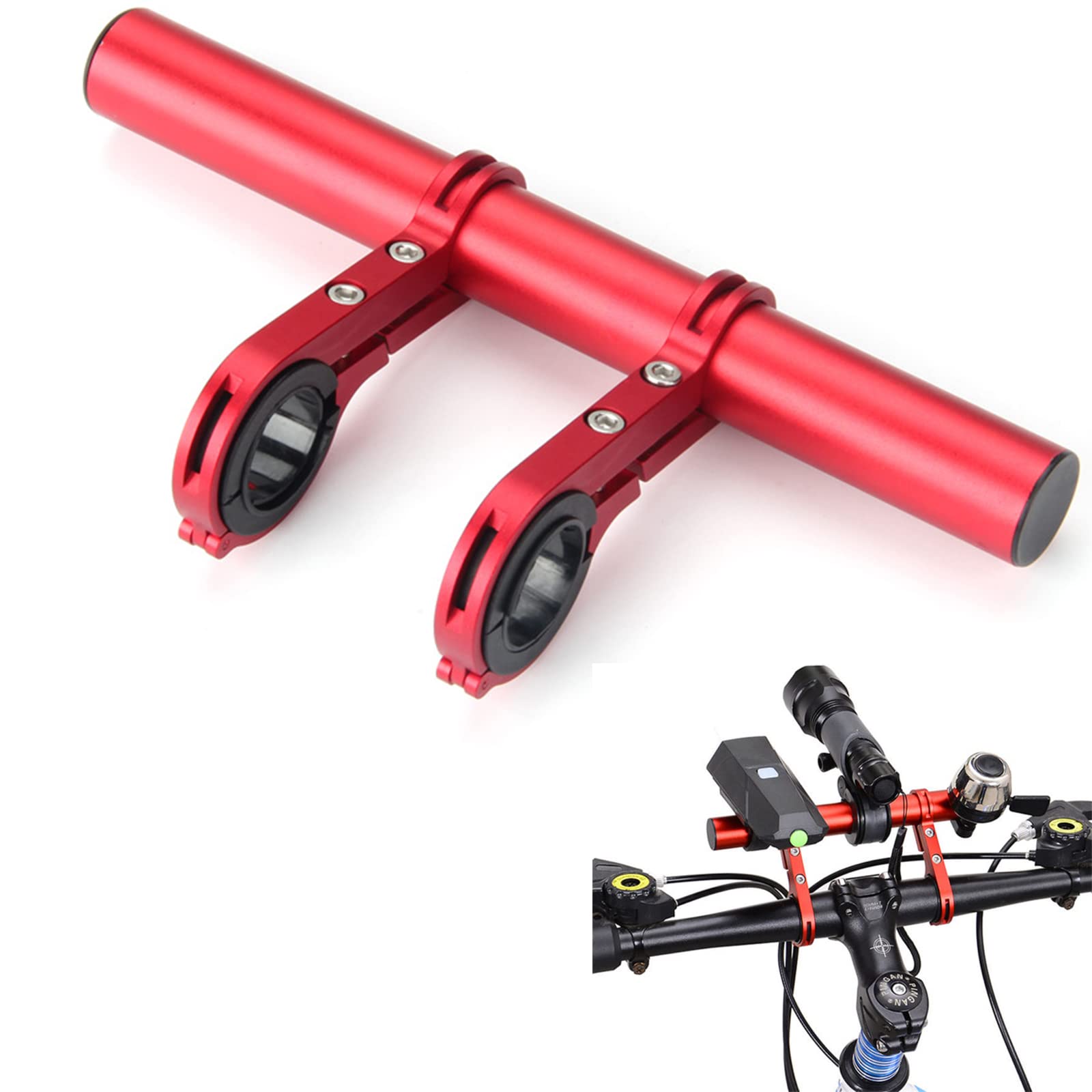 WUDQIJI Bicycle Handlebar Extender Mount 20 cm Bicycle Handlebar Extension Double Bike Handlebar Extender Bicycle Handlebar Extender for Mountain Bike Speedometer Mobile Phone Speedometer LED GPS (Red)