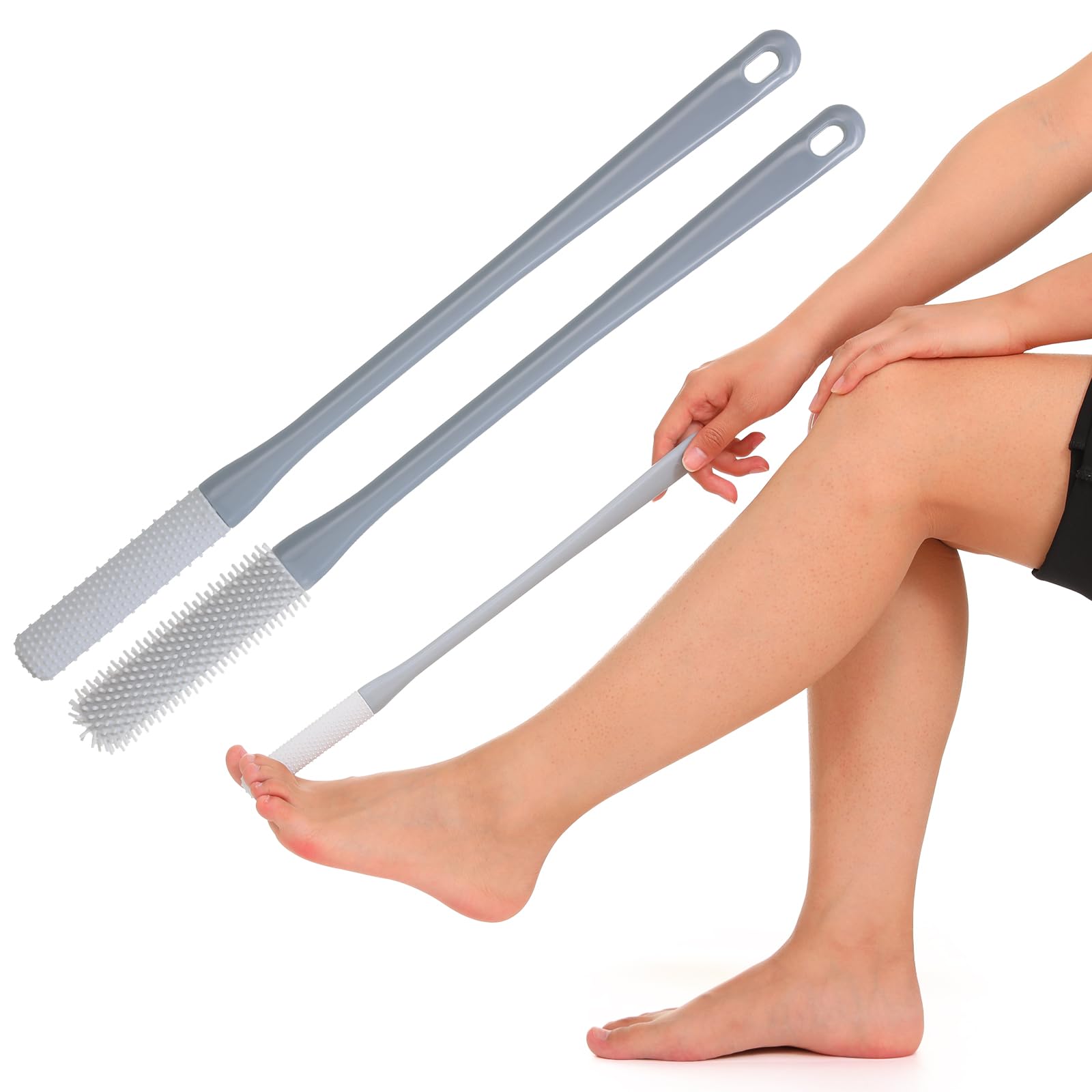 Pack of 2 Silicone Foot Wash Brush, Toe Washer for the Shower, Foot Brush with Brush Heads in Two Sizes, Toe Cleaner with Long Handle, Foot Shower Brush for Seniors (Grey)