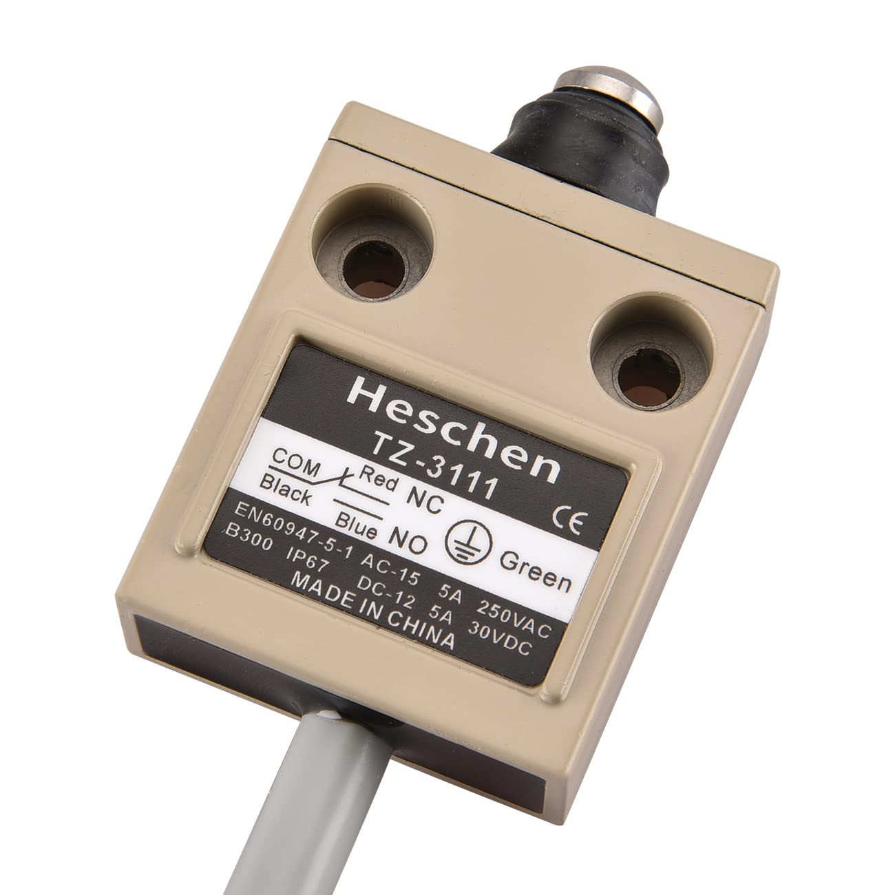 Heschen Compact Prewired Limit Switch TZ-31 Series, IP67 Waterproof, SPDT, 1NO 1NC Momentary, AC-15 5A/250VAC (TZ-3111, Plunger Type)