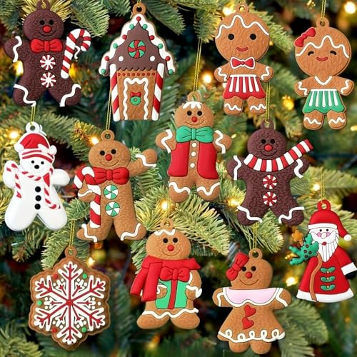 View 1 of 12pcs Christmas Gingerbread Hanging Ornaments, Cute Snowman & Santa Claus Figurines with Sugar Cookie House, Festive Xmas Tree Hanging Decor for Holiday Party and DIY Crafts