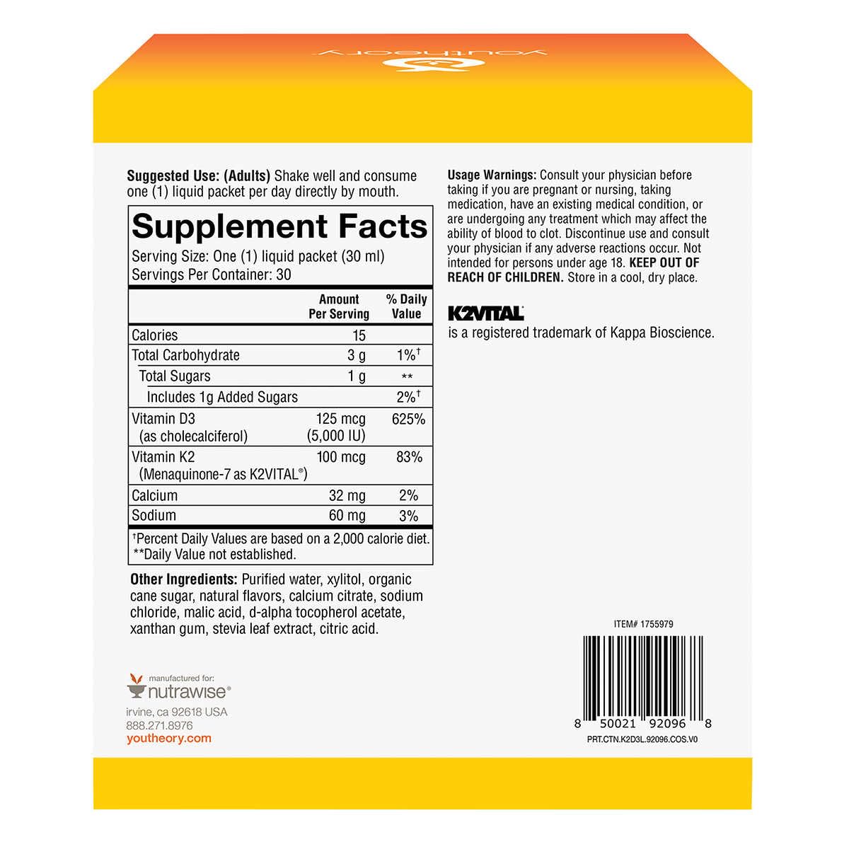 Youtheory Liquid K2D3 Liquid 500 mg, Peach Flavor, 30 Packets