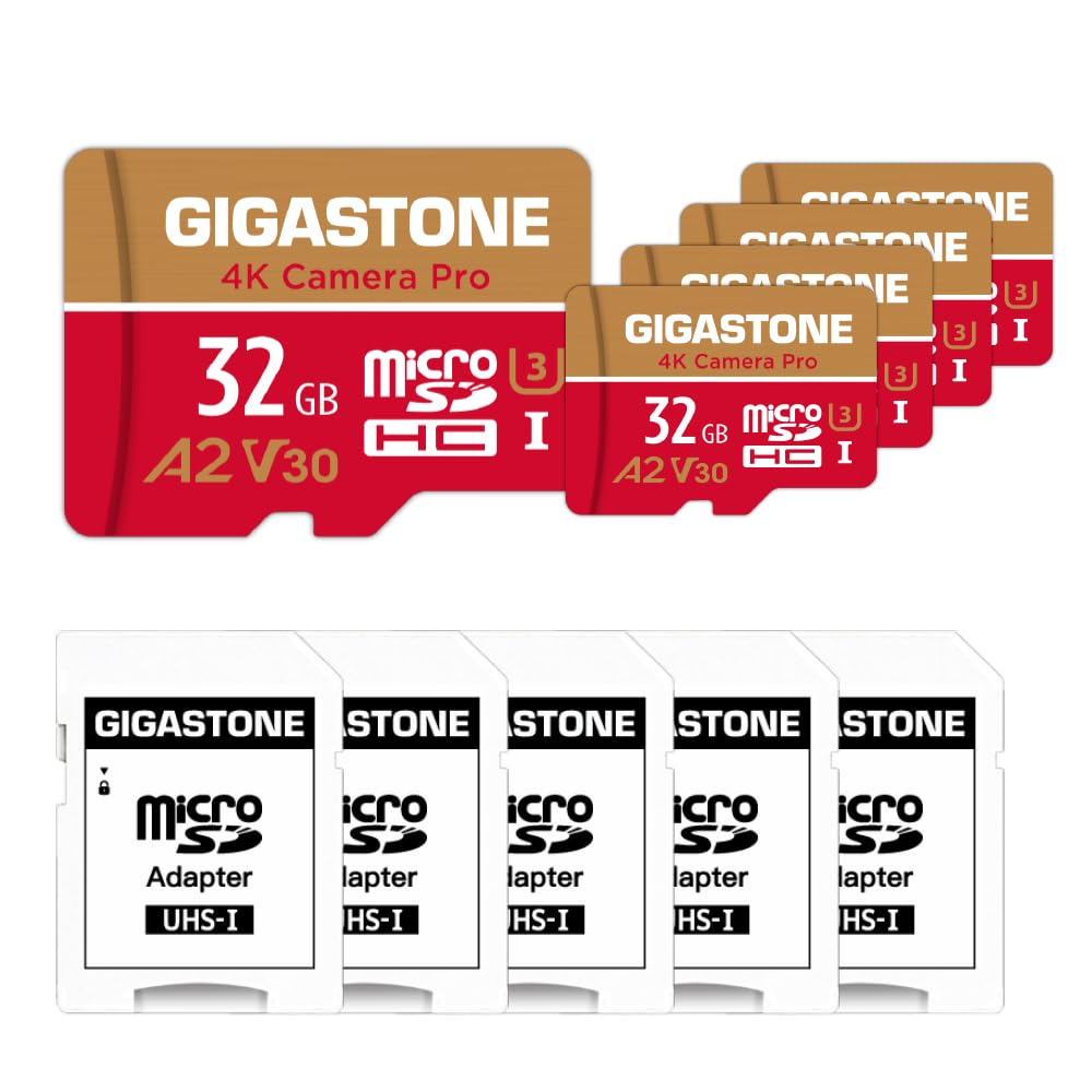 【5-Years Data Recovery】GIGASTONE 32GB Memory Card 5 Pack 4K Camera Pro Compatible with GoPro Drone Switch, 95MB/s Speed for 4K UHD Video, A2 U3 V30 MicroSDHC Card with SD Adapter