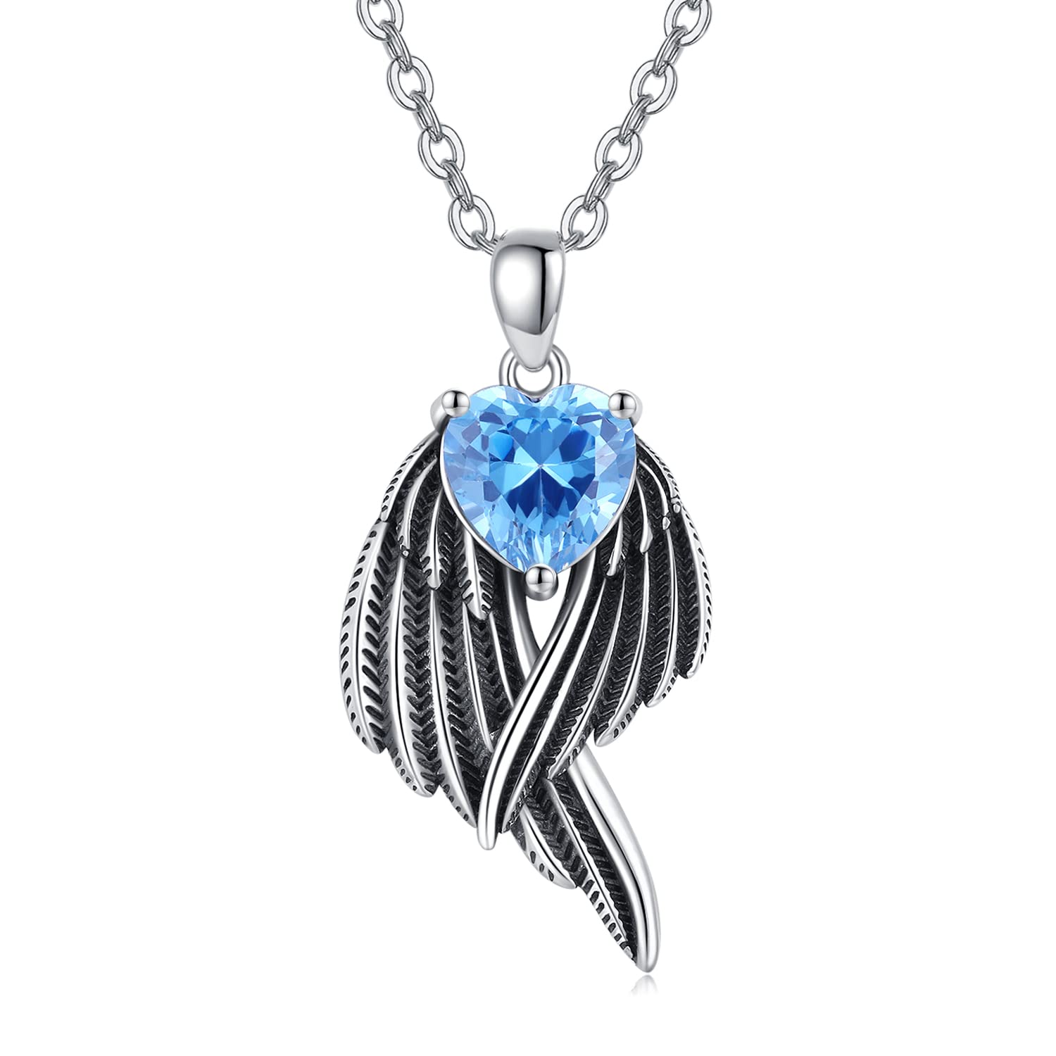 TANGPOET Angel Wing Necklace 925 Sterling Silver Blue Heart Pendant Valentines Day Jewellery Gifts for Women Ladies Girls