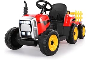 TEOAYEAH Kids Ride on Tractor with Remote Control, 12V Battery Powered Electric Tractor for Kids Bluetooth Music/USB, 3-Gear-Shift, Safety Belt, 25W Dual Motors, 7-LED Lights