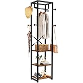 IBUYKE Coat Rack with Shelves, Freestanding Hall Tree with 3 Shelves and 8 Hooks, Industrial Clothes Stand for Entryway, Hall