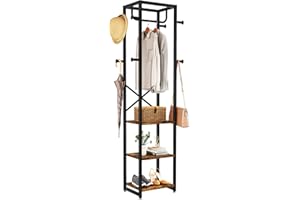 IBUYKE Coat Rack with Shelves, Freestanding Hall Tree with 3 Shelves and 8 Hooks, Industrial Clothes Stand for Entryway, Hallway, Bedroom, Rustic Brown UTMJ088H