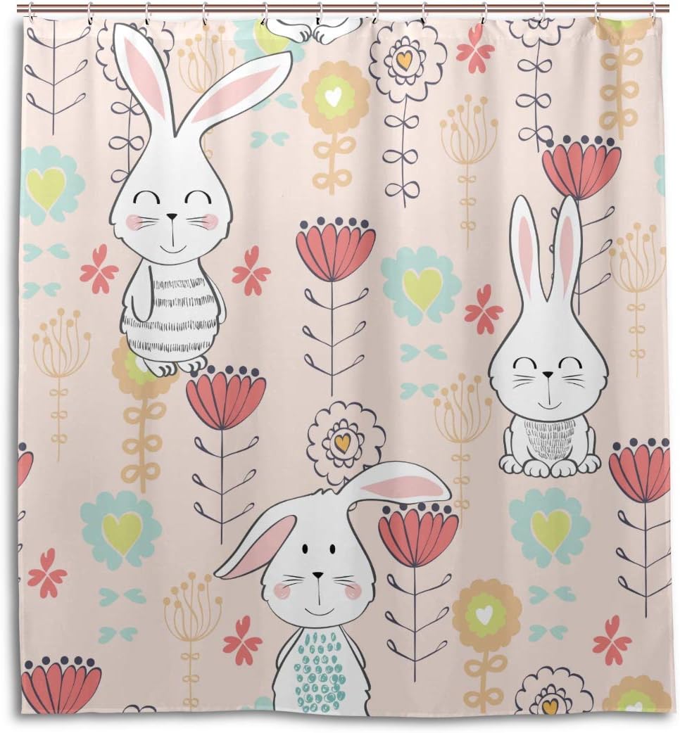 Amazon Com Gjianbing Bathroom Curtain Window Bunny Cute Child Rabbit With Flowers Bathroom Decor Curtain 66 X 72 Inch Machine Washable Waterproof Bathroom Curtains Kitchen Dining