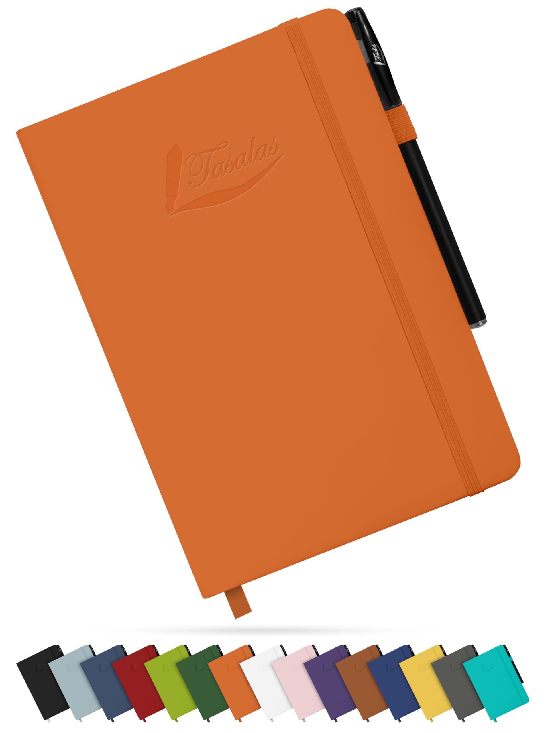 Tasalas A5 Notebook and Pen - 200 Lined Pages Journal Notepad, 80 GSM, Orange Notebook A5 with Soft PU Cover, Elastic Loop, Pen Holder, Expandable Pocket - Note Book for Writing and Note-Taking
