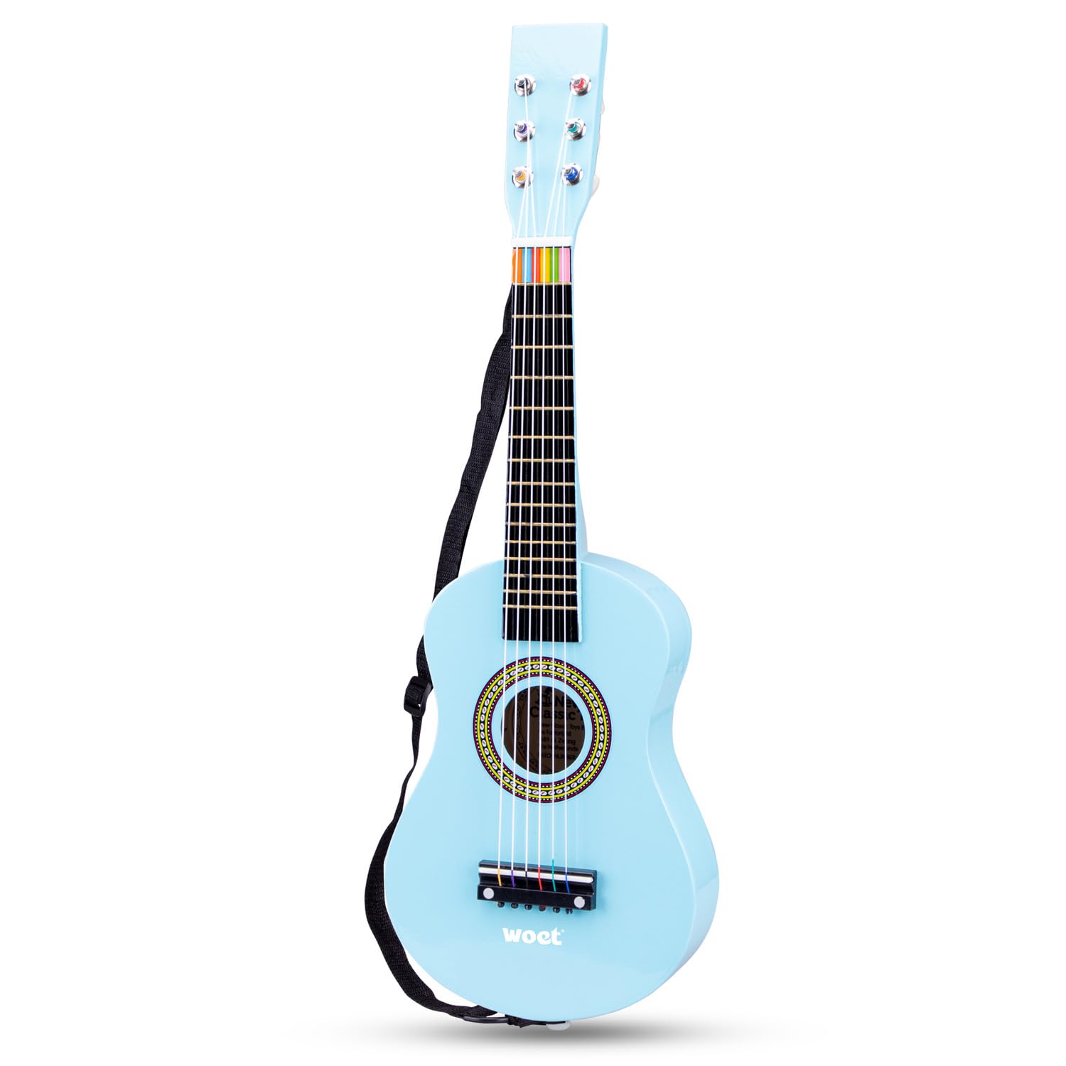 Woet® Blue Wooden Toy Guitar for Kids, 6 Nylon Strings with Strap, Spare String and Color Song Book with 3 Songs, Beginner Educational Musical Instrument, Fun Music Gift, Age 3 Years +