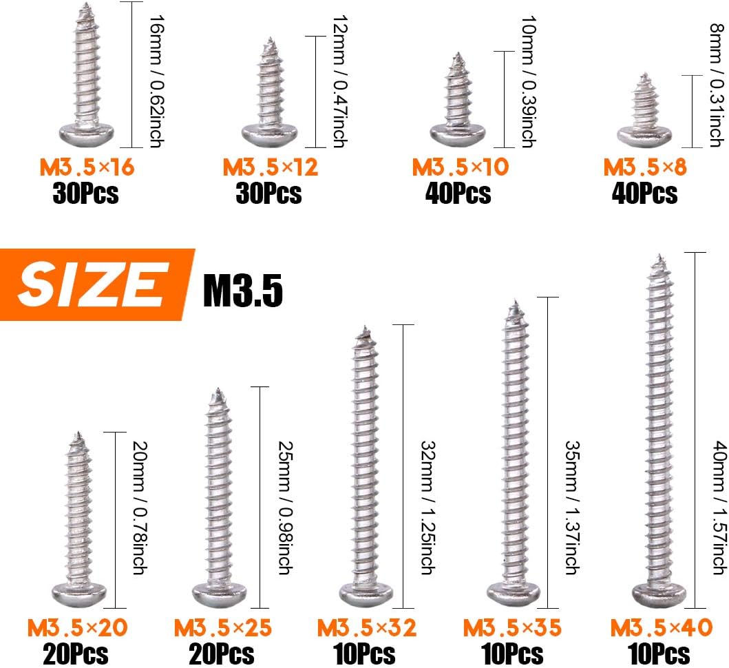 Rustark 210Pcs M3.5 304 Stainless Steel Round Pan Head Phillips Cross Wood Screws Drive Self Tapping Drilling Screws Assortment Kit - Image 3