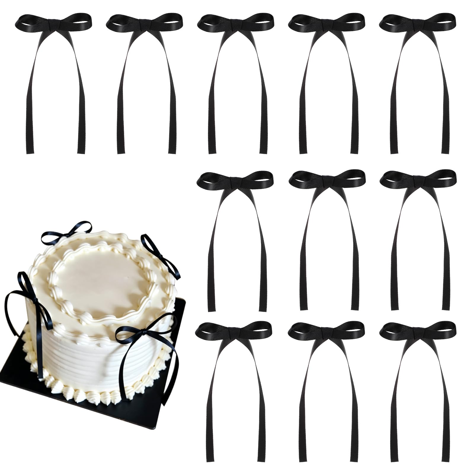 Photo 1 of 30 Pack Bow Cake Toppers Black Ribbons Bows for Cake Coquette Themed Bow Cupcake Toppers Black Bow Birthday Decorations for Baby Shower, Birthday, Wedding, Bachelorette, Valentines Day Decoration