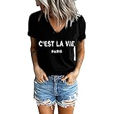 LINDOCITA C'est La Vie Paris Quote Graphic Tee V Neck Summer Cute Trendy Short Sleeve Tshirt Shirts for Women Vacation