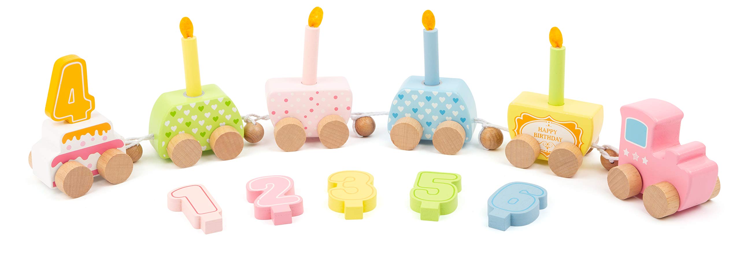 Small Foot 11482 Wooden Birthday Train with Wooden Candles Without Fire Risk, with Numbers Attachments Up To 6 Years Old
