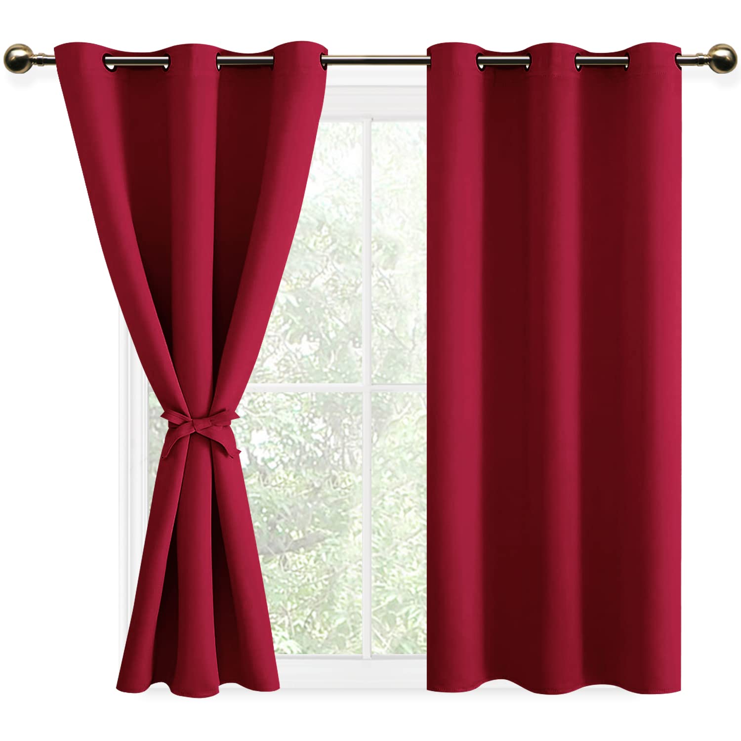 DWCN Red Blackout Curtains with Tiebacks for Bedroom Thermal Insulated Solid Eyelet Curtains for Living Room,2 Panels,46" Wide x 54" Drop