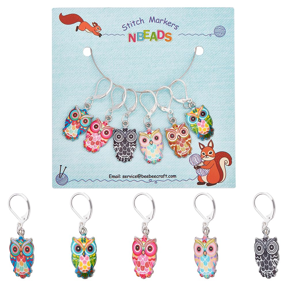 NBEADS 6 Pcs Owl Stitch Markers, 6 Colors Alloy Enamel Crochet Stitch Marker Charms Locking Stitch Marker for Knitting Weaving Sewing Accessories Quilting Handmade Jewelry — image 1