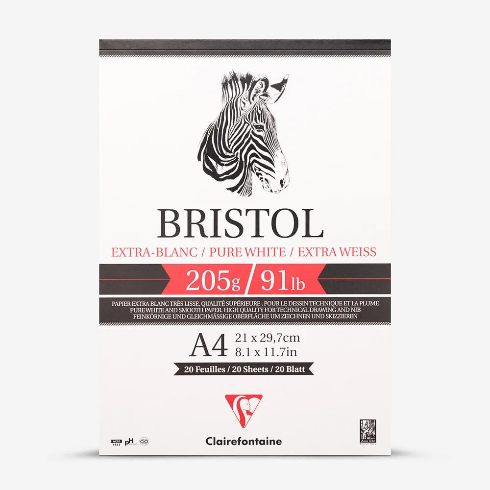 Clairefontaine - Ref 96173C - Bristol Extra White Paper Pad (20 Sheets) - A4 (297 x 210mm) Size, 205gsm Paper - Suitable for Pencil, Technical Pen, Indian Ink, Felt Nibs