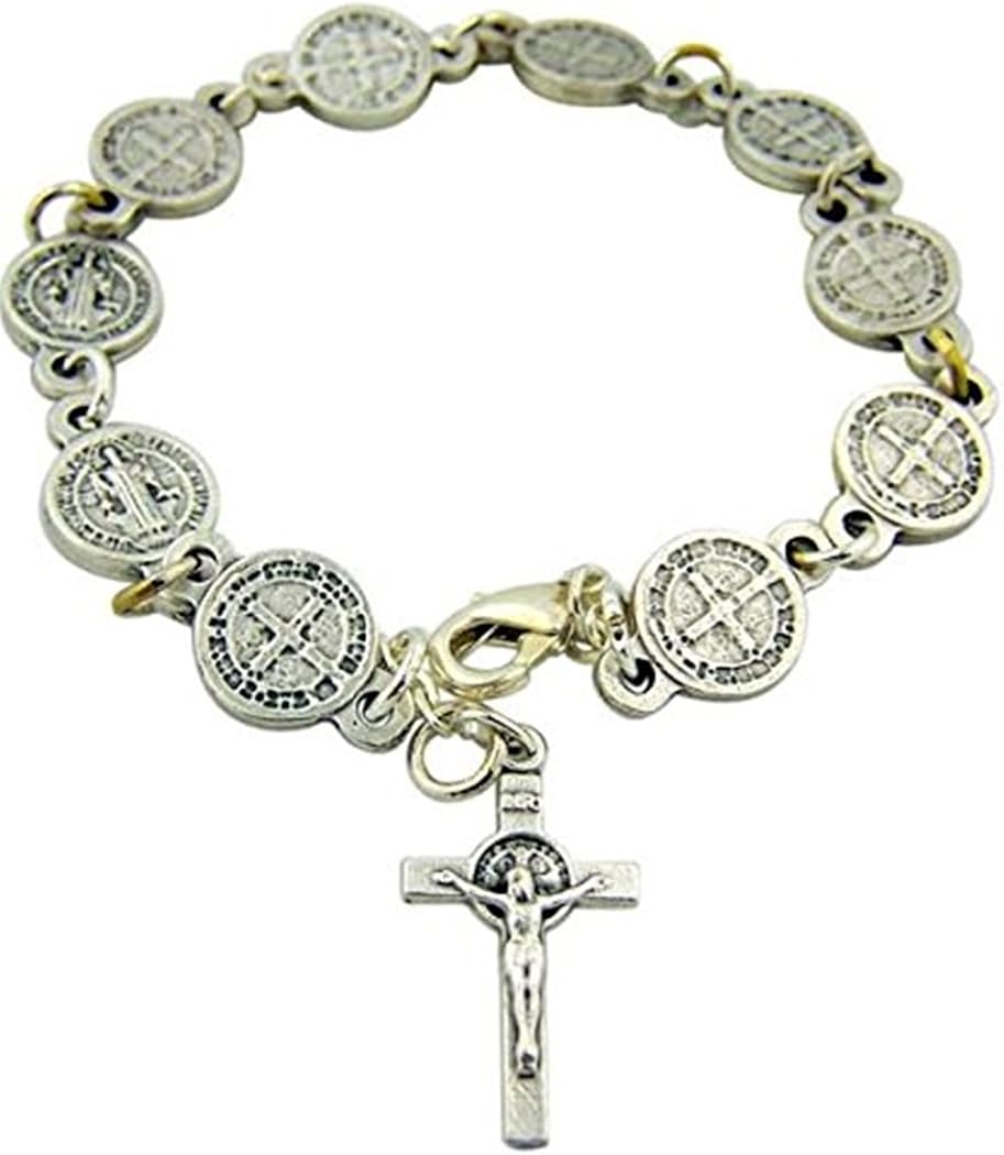 CB Silver Tone Saint St Benedict Medal Bracelet with
