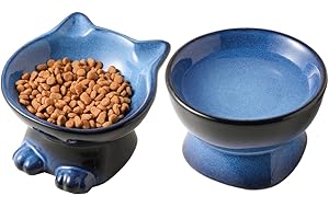 Nihow Elevated Cat/Dog Bowls Set : 5 Inch Ceramic Raised Cat Food and Water Bowl Set for Protecting Pet's Spine - Feeding & Watering Supplies for Pets- Elegant Blue & Black (2PC)