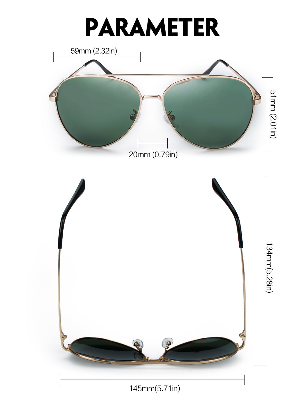 WELUK Classic Aviator Sunglasses Men Women Metal Driving Pilot Fishing Glasses (Gold & Dark Green, 60)