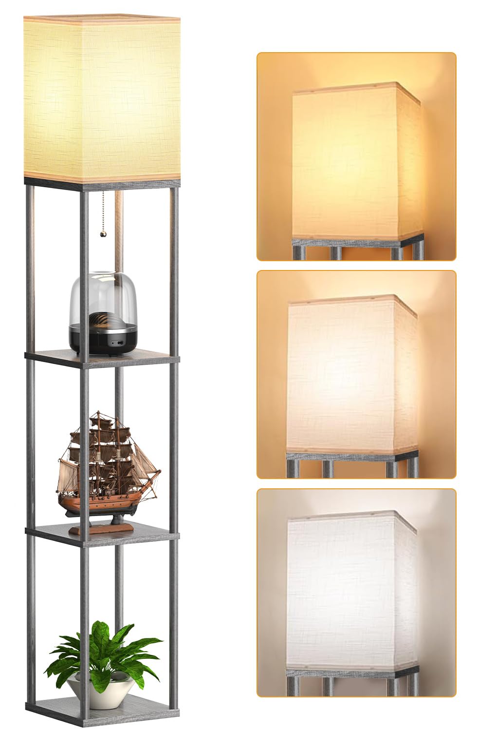 Floor Lamp with Shelves for Living Room, Shelf Floor Lamp with 3 CCT LED Bulb, Corner Display Standing Column Lamp Etagere Organizer Tower Nightstand with White Linen Shade for Bedroom, Dark Gray Image Floor Lamp with Shelves for Living Room, Shelf Floor Lamp with 3 CCT LED Bulb, Corner Display Standing Column Lamp Etagere Organizer Tower Nightstand with White Linen Shade for Bedroom, Dark Gray Image