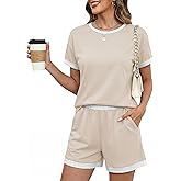 Blingfit Womens 2 Piece Lounge Set Short Sleeve Summer Vacation Outfits Casual Matching Sets Soft Shorts with Pockets