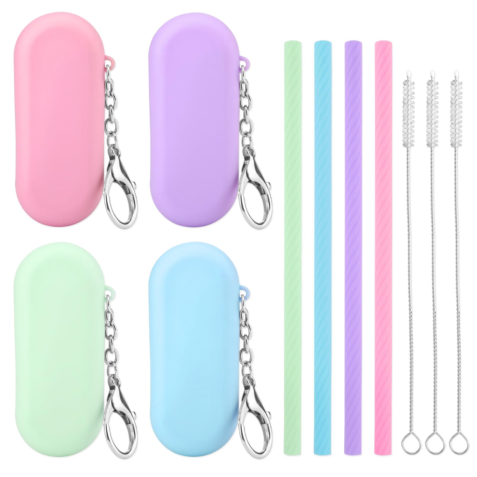 cobee 4 Sets Reusable Silicone Straws Kit, Foldable Drinking Straws, Portable Straw Colorful Storage Box with Keychain for Travel, Straw Deep Cleaning Brush for Bubble Tea, Cold/Hot Drinks