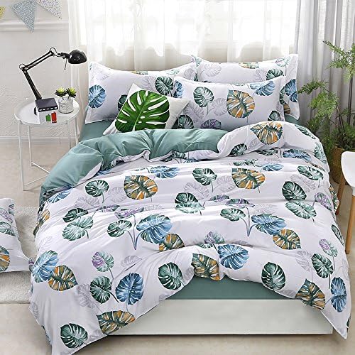 Anjos Green Leaves White Simple Brief Polyester Microfiber Duvet Cover Set Bedsheet Pillowcases Bedding Set 4pc Full Size 78"x90"(200x230cm)