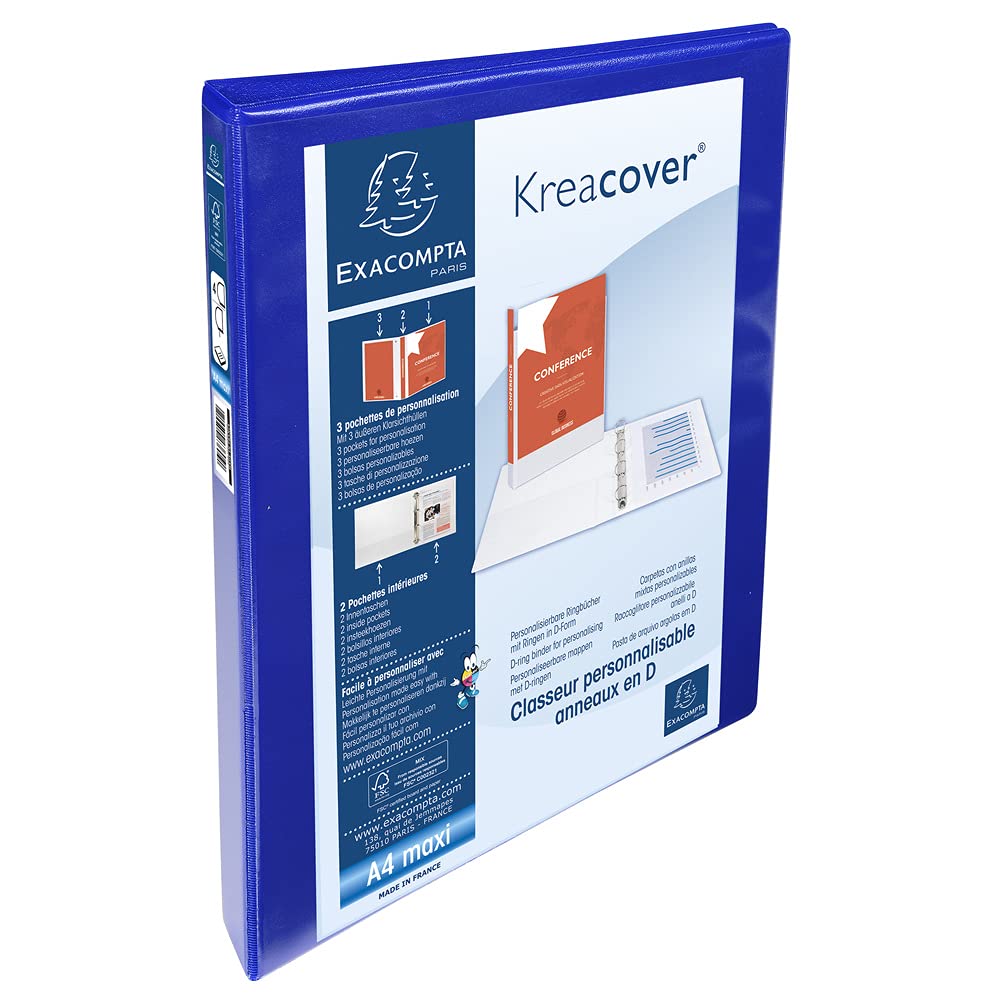 Exacompta - ref. 51840BE - 1 customizable rigid opaque binder with 3 pockets - 4 D-rings of 15 mm - Spine 38 mm - External dimensions: 32 x 27.3 cm - Format to be filed A4 Maxi - Colour: blue