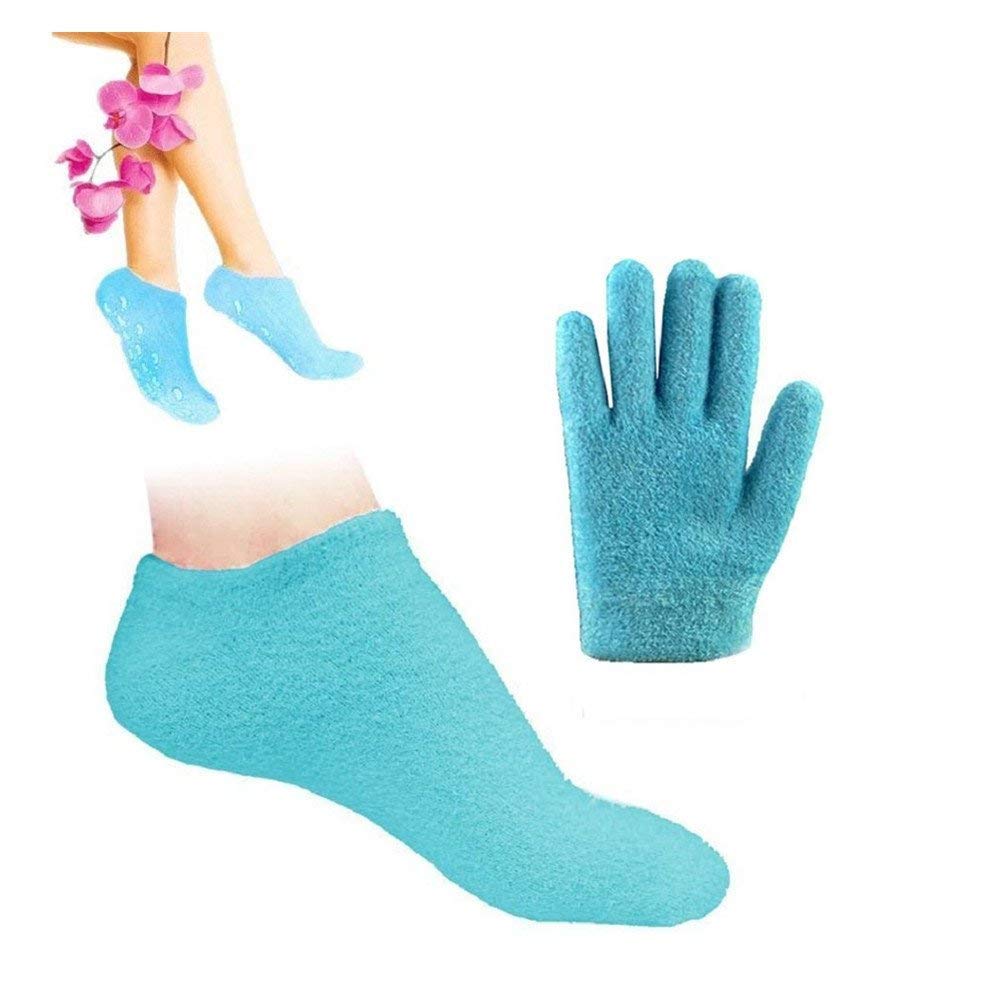 Pinkiou Moisturizing Gloves Socks Set Gel Spa for Moisturize Soften Repairing Dry Cracked Hands Feet Skin Care Silicone inside–Blue : Beauty