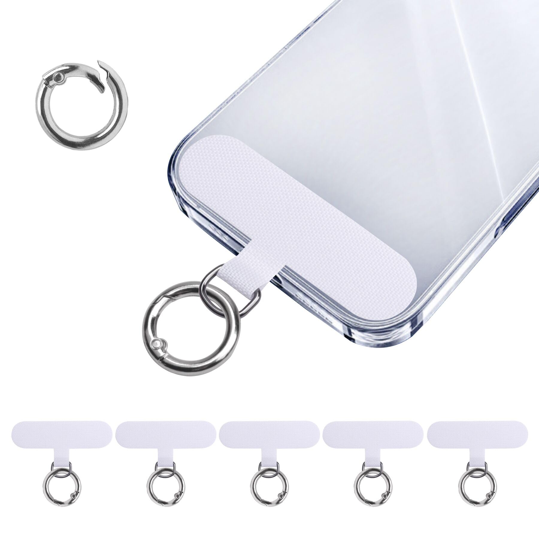 SEVENKA 6 Pack Phone Tether Tab for iPhone, 6 Spring O Ring Clasps, Cell Phone Lanyard Patch Strap Replacement Part for All Full Cases, White