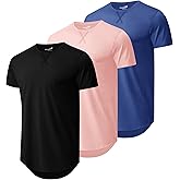 Mens 3 Pack Plain Cotton Shirts Short Sleeve Casual Crew Neck T-Shirts Hipster Hip Hop Longline Tees Drop Cut Curved Hem