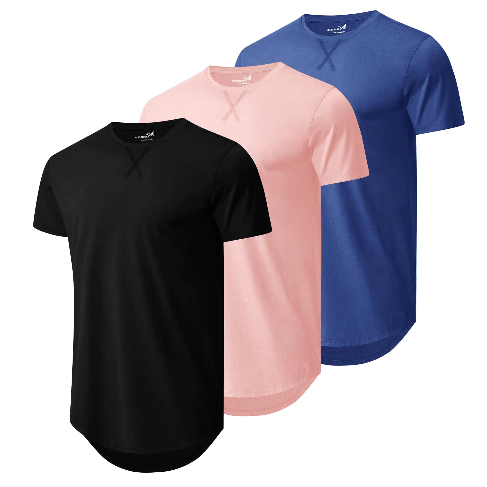 Photo 1 of Mens 3 Pack Plain Cotton Shirts Short Sleeve Casual Crew Neck T-Shirts Hipster Hip Hop Longline Tees Shirts Drop Cut Curved Hem Shirt (BKPKLB L)
