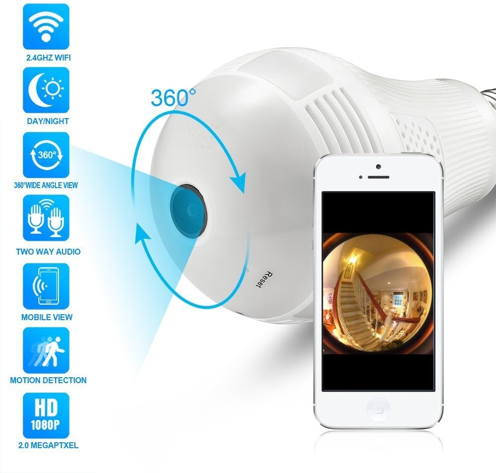 Full HD 1080P Light Bulb Camera 360°Panoramic WiFi Camera Two Way Audio Nightvision Motion Detection 128G SD Card Slot Home Security Camera Baby Monitor Pet Monitor