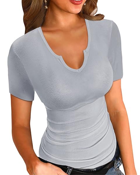 SANDERY WOMENS T-SHIRTS SUMMER CASUAL DEEP V NECK TOPS SLIM FITTED RIBBED BASIC BLOUSE