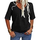 Tankaneo Women's Summer Fashion V-Neck Half Sleeves T Shirt Solid Casual Loose Basic Tunics Tops