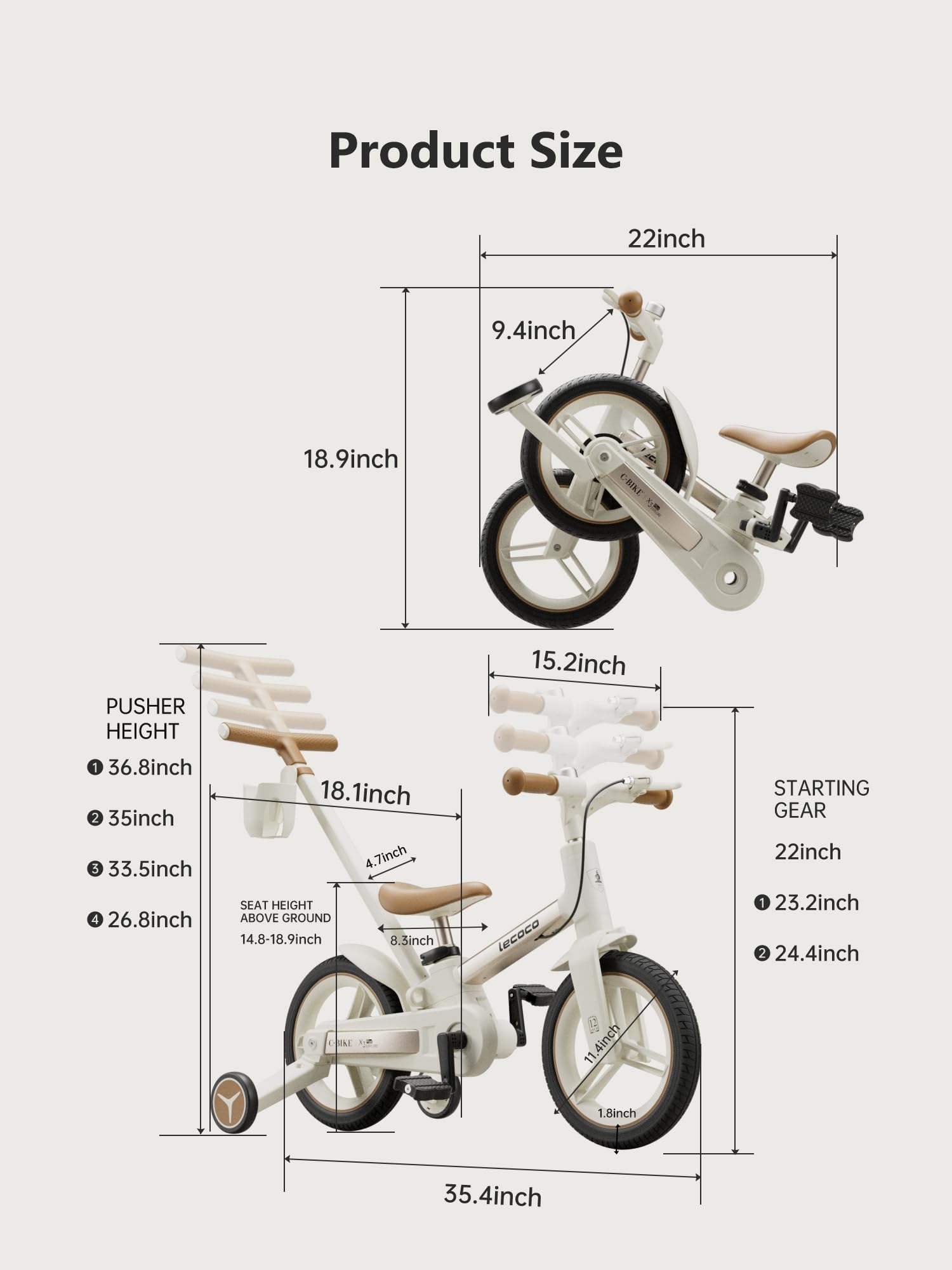 lecoco Toddler Bike with Push Handle 6 in 1 for Kids, Balance Bicycle Toys with Training Wheels, Brackes, Cup Holder, Pedal, Kickstand Birthday Gift for Boys and Girls (Upgraded)