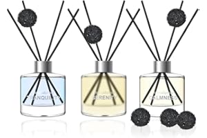 Reed Diffuser Set of 3, Eucalyptus Jasmine Lemongrass Aromatherapy Fragrance Oil | 12 Black Reed Sticks and 6 Rattan Balls, 3 x 50ML | Home, Office, Bathroom, Bedroom Essentials | AromaSphere