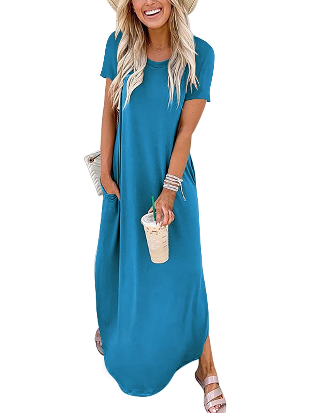 Photo 1 of ANRABESS Womens Summer Maxi Dress Short Sleeve Casual Loose Long T Shirt Dresses Split Vacation Beach Sundress Travel Outfits Sky X-Large