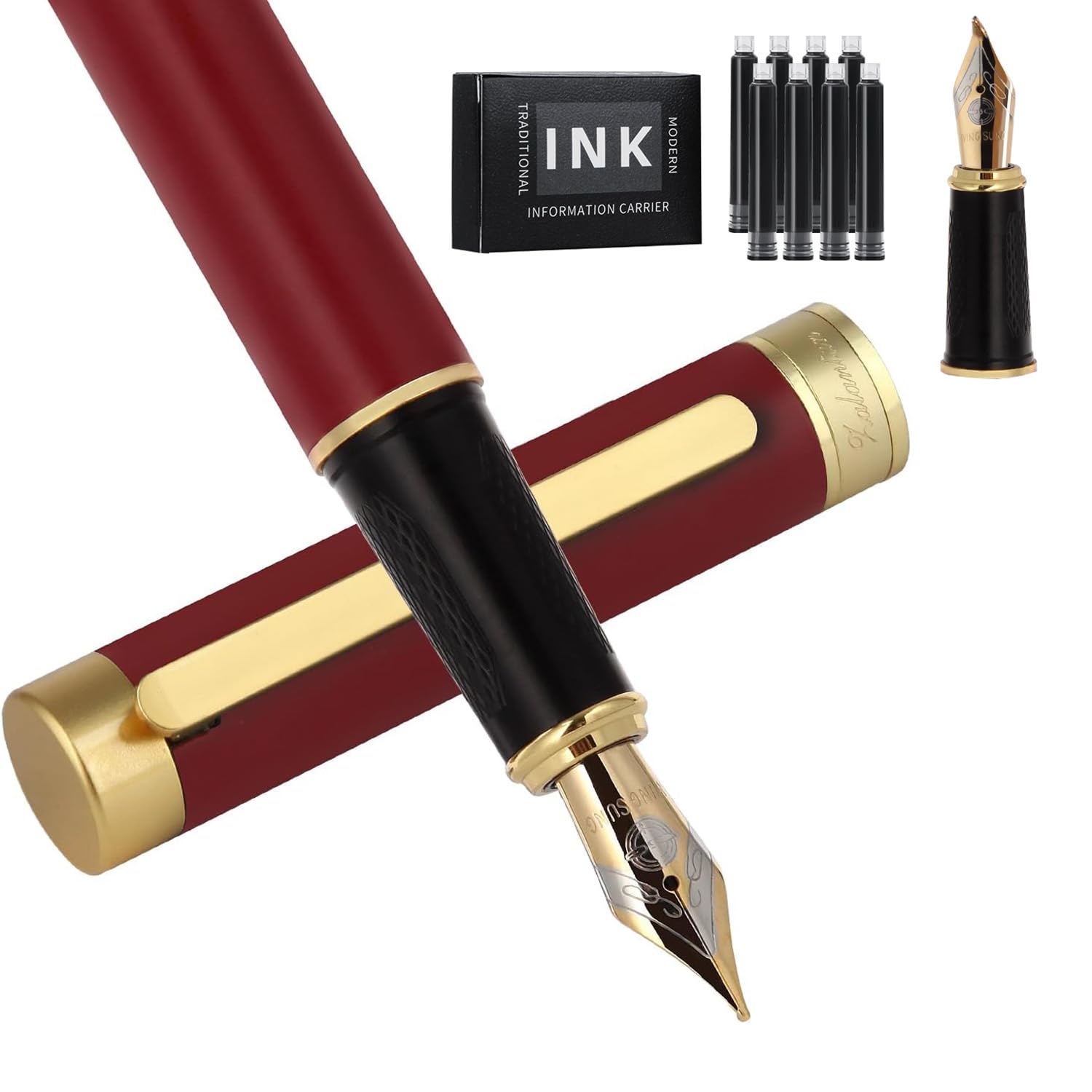 Zalantan Fountain pen,Luxury Nice pen gift pure copper heavy feel Pen Smooth Writing Pens for Men Funcy Pens with Gift CaseIncludes a Calligraphy Nib 8 Cartridges a Ink Refill Converter