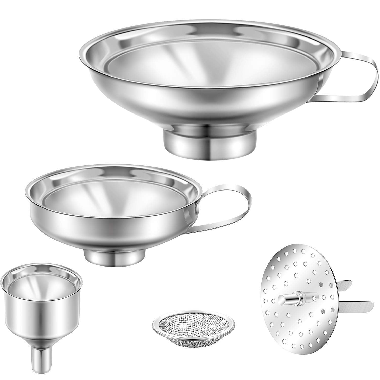 5 Pieces Stainless Steel Funnels Set Canning Funnel Fine Mesh Strainer Mesh Filter Compatible with Wide and Regular Narrow Mouth Mason Jar