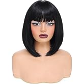 Sarensall Black Bob Wig With Bangs Short Straight Black Wigs for Women Natural Looking Synthetic Wigs for Daily Cosplay Costume Wig (Black,12 Inch)