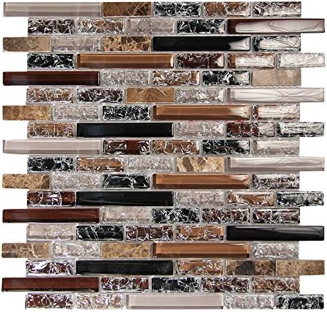 Taupe Brick Pattern Linear Mosaic Glass Tile - Brown, Taupe, Copper Cracked Glass, Brown Marble - Backsplashes, Walls - Eros 2 (4 x 6 Inch Sample)
