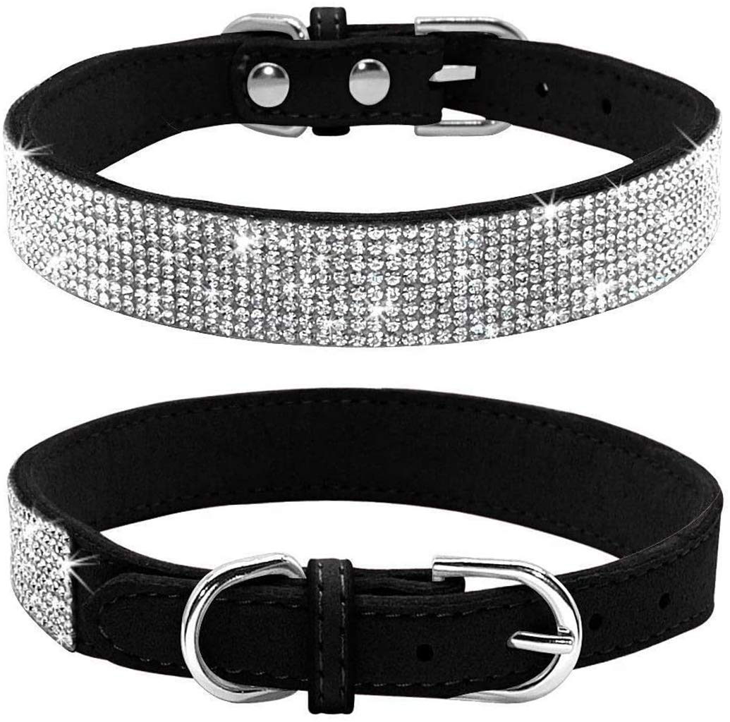 TELEYI Rhinestone Dog Collar, Cute Dazzling Sparkling Soft Suede Leather Dog Cat Rhinestone Collar Crystal Diamond Pet Dog Puppy Collar