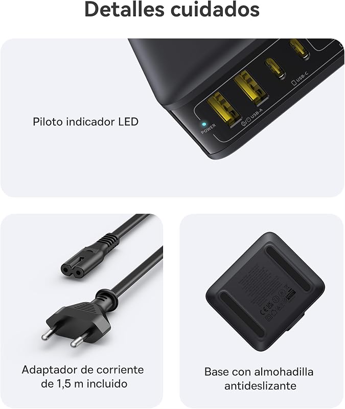Carregador USB C 120W, Estação de Carregamento Rápido com 6 Portas, para iPhone Séries 17/16/15, MacBook Air, Galaxy, iPad e Mehr