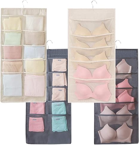 Amazon 最新進化版 下着収納 吊り下げ収納 二色セット グレー ベージュ ポケット15個 緩い 大容量 両面収納 下着 ブラ 靴下 ショーツ ネクタイ 小物入れ 収納 軽量 丈夫 無臭 Loyouve 省スペース 吊り下げ 収納ポケット 水洗い可能 取り付け簡単 クローゼット吊り