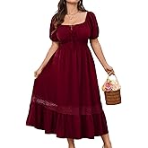 SCOMCHIC Women's Plus Size Dresses Summer Milkmaid Short Sleeve Square Neck A Line Lace Trim Boho Maxi Dress